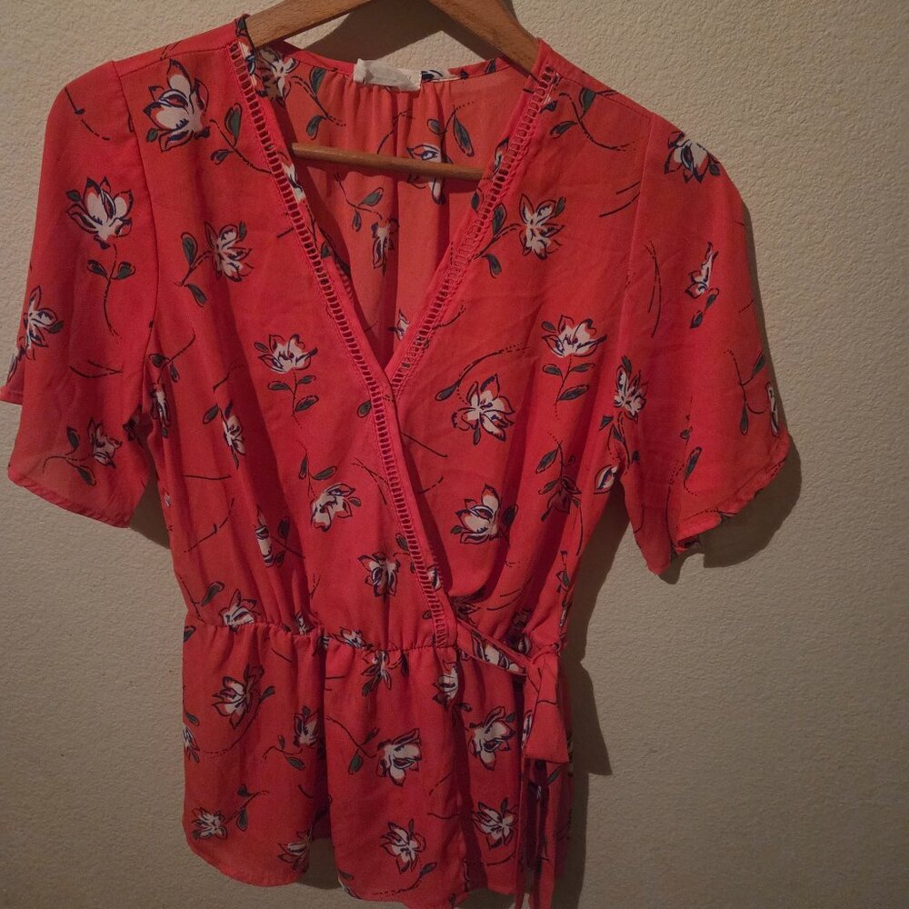 Red wrap floral shirt